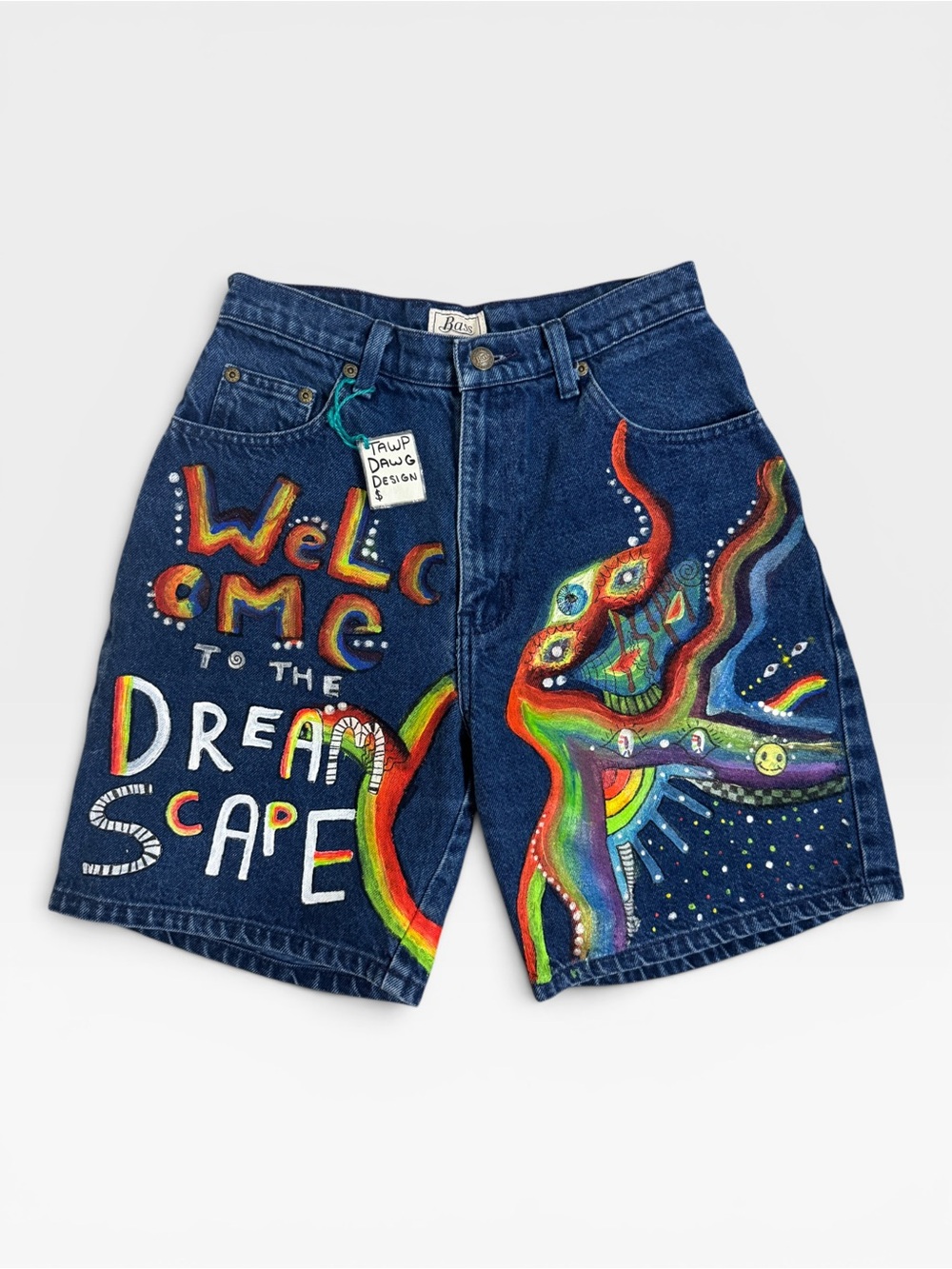 VTG Bass Hand-Painted Denim Shorts Custom Top Dawg Design Dreamscape Jorts Sz 27